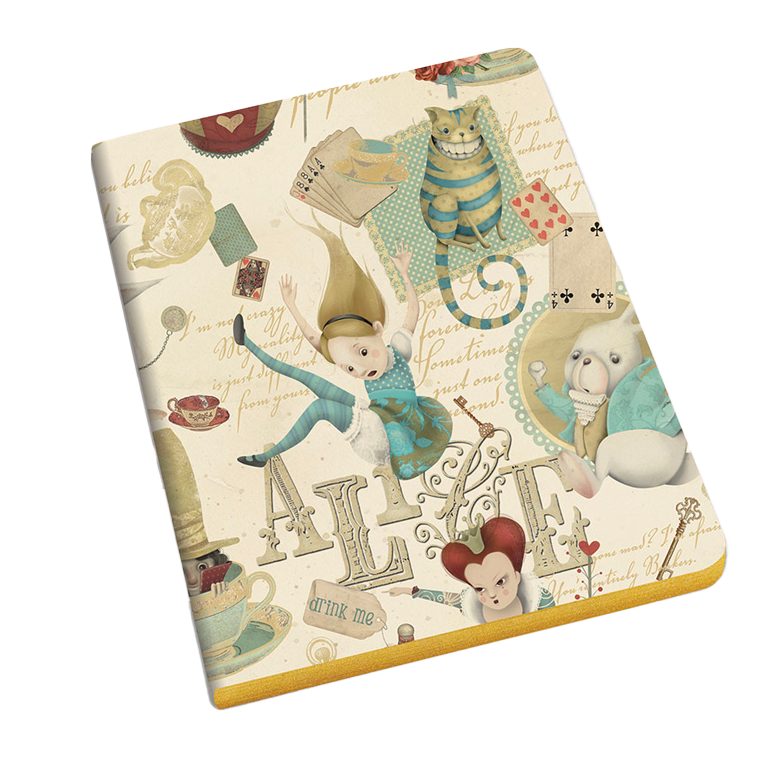 『ふしぎの国のアリス』の世界を描いたKartos社のA5ノート。やさしい色味と金粉印刷が魅力。