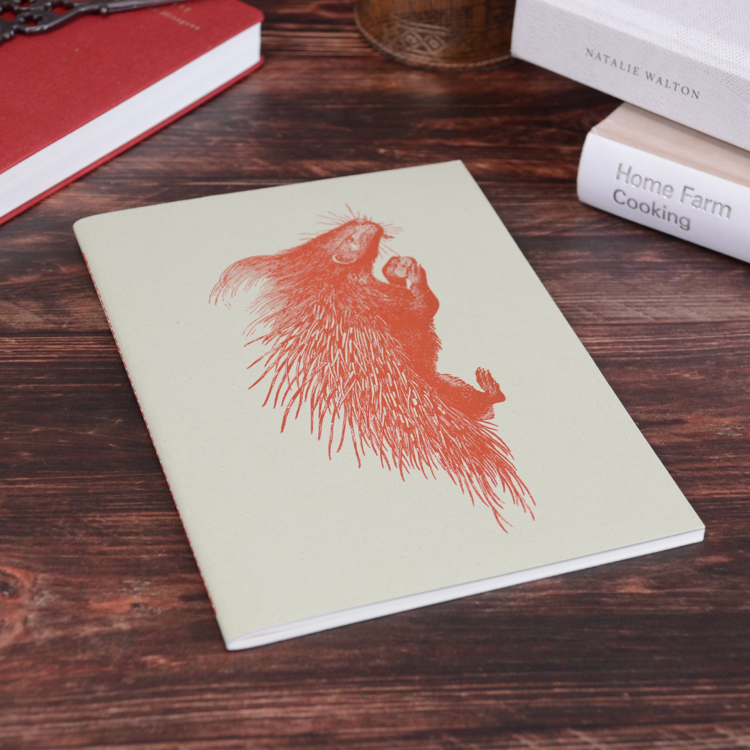 机の上に置かれたヤマアラシ柄ノート