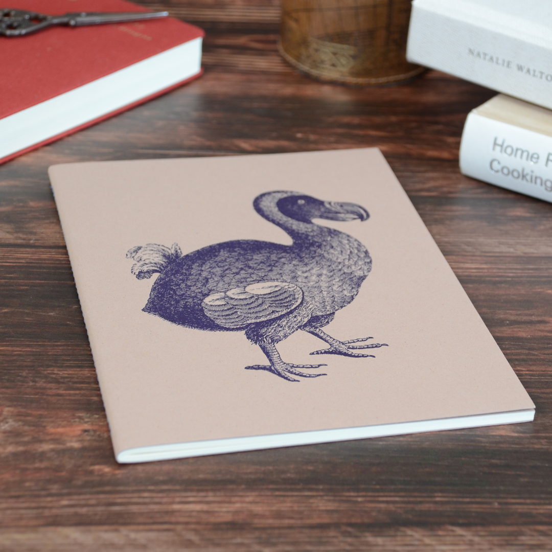 本棚の上に置かれたドードー柄ノート。落ち着いた雰囲気の生活シーンと共に