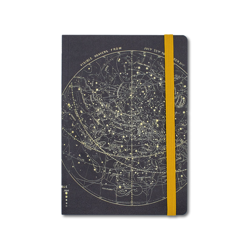 星座絵付き星図柄と黄色いバンドが印象的な天文ノート(A5+)