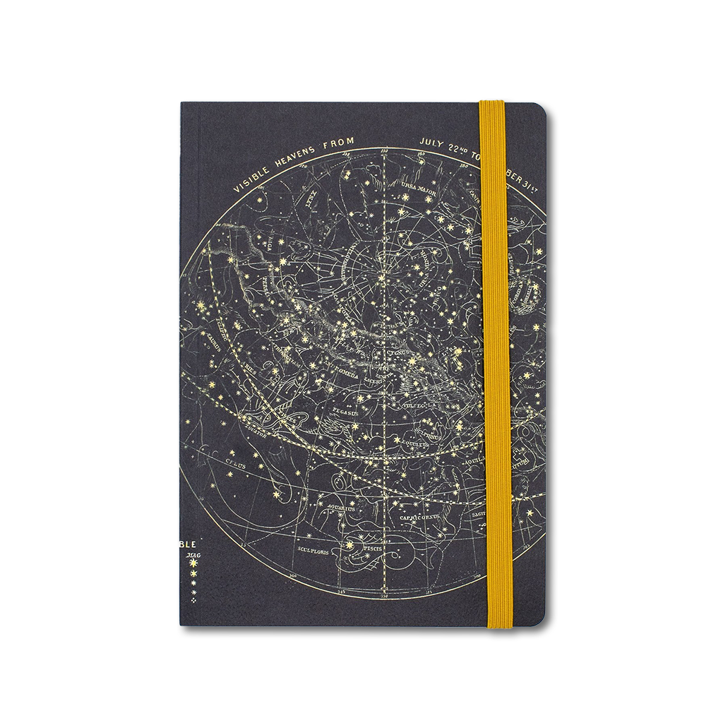 星座絵付き星図柄と黄色いバンドが印象的な天文ノート(A5+)