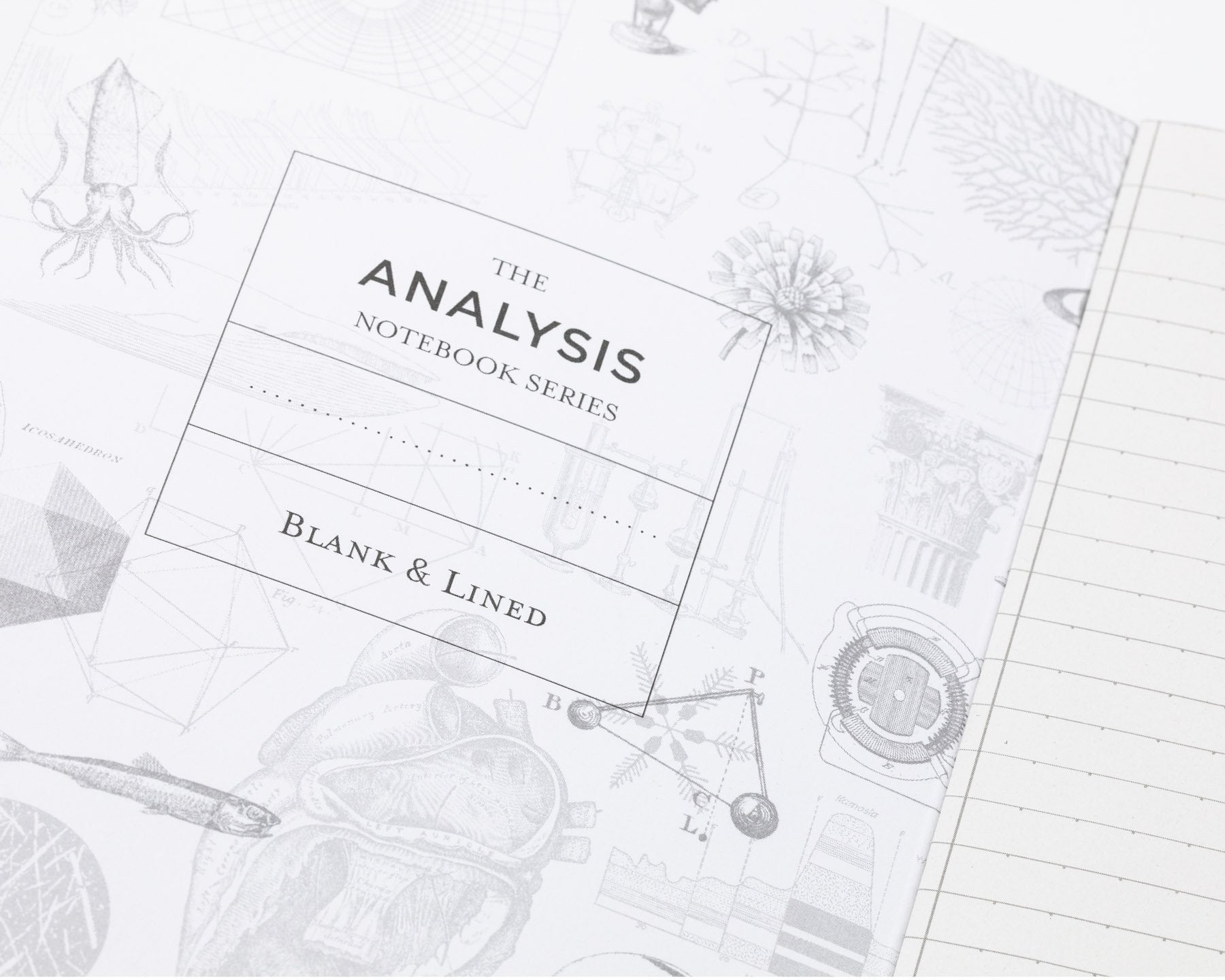 Blank&Linedノートの中表紙。背景に繊細な図版が広がる