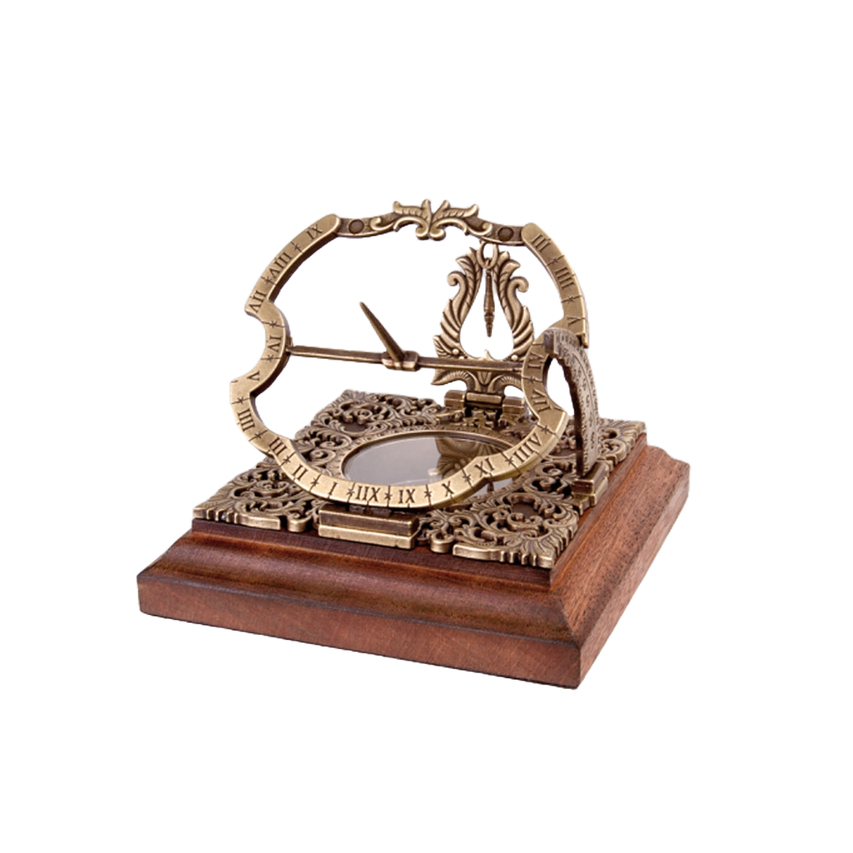 赤道日時計 アウクスブルク式 ユニバーサル型サンダイアル 真鍮製 方位磁針内蔵 緯度調整可能 木製台座付き