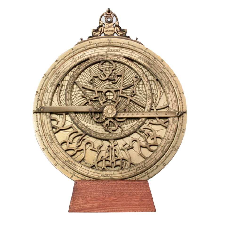 スペイン製真鍮アストロラーベ 直径20cm 中世天文器具 天体観測儀 重厚な立体彫刻 インテリア 木製スタンド付き
