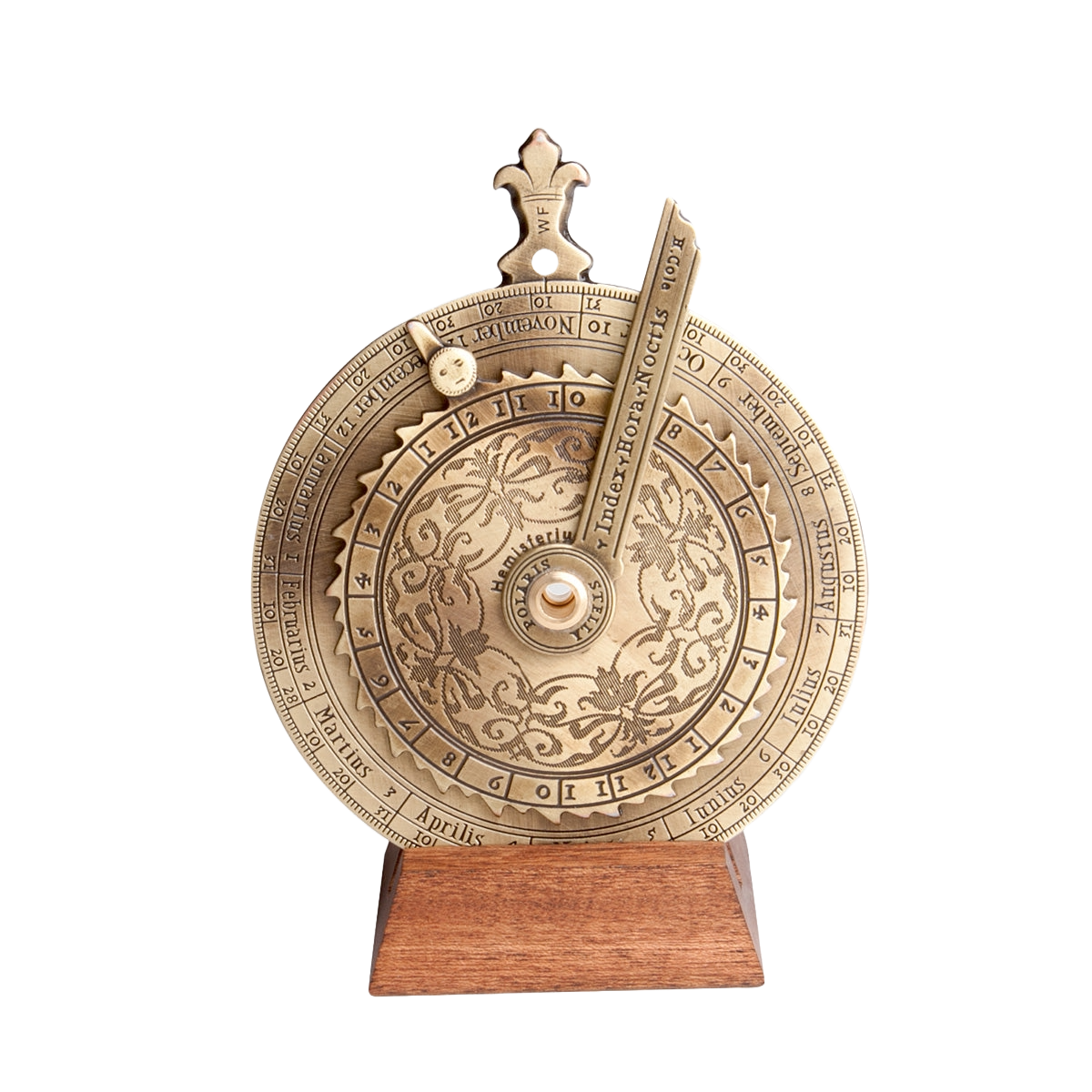 スペイン製真鍮ノクターナル 星時計 潮汐計算機 直径9.5cm 木製台座付き 16世紀天文学 航海術 大英博物館レプリカ