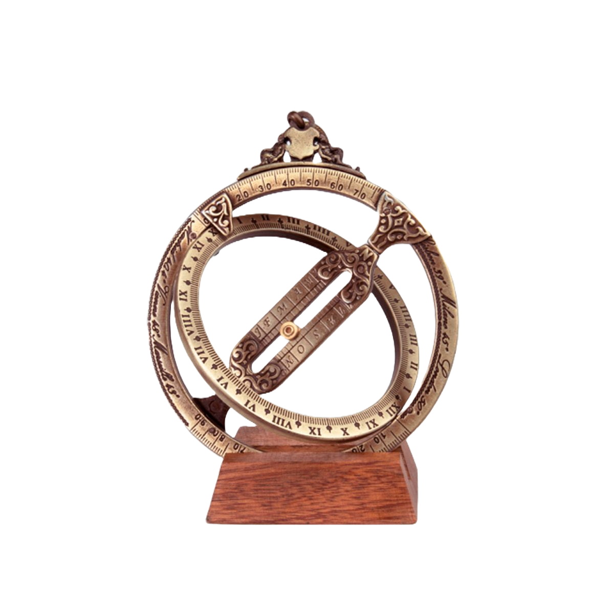 スペイン製真鍮天文環 リング式日時計 直径10cm 携帯用サンダイアル 二重リング構造 木製台座付き 天文観測器具