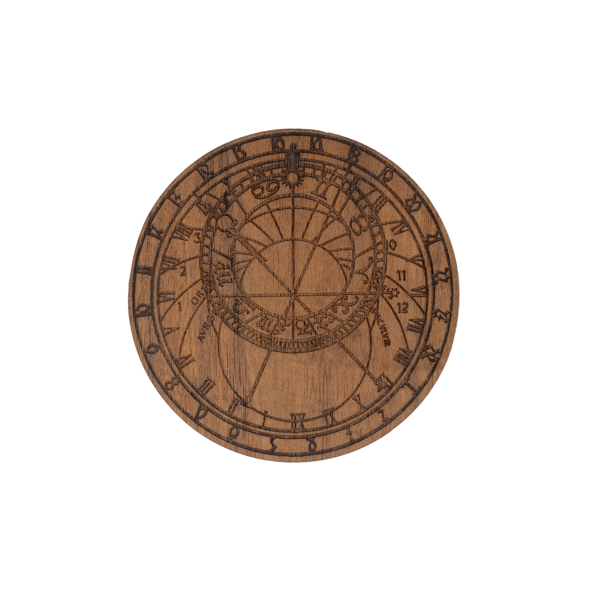 プラハ天文時計を刻んだウォールナットの木製コースター|正面から見たデザイン全体