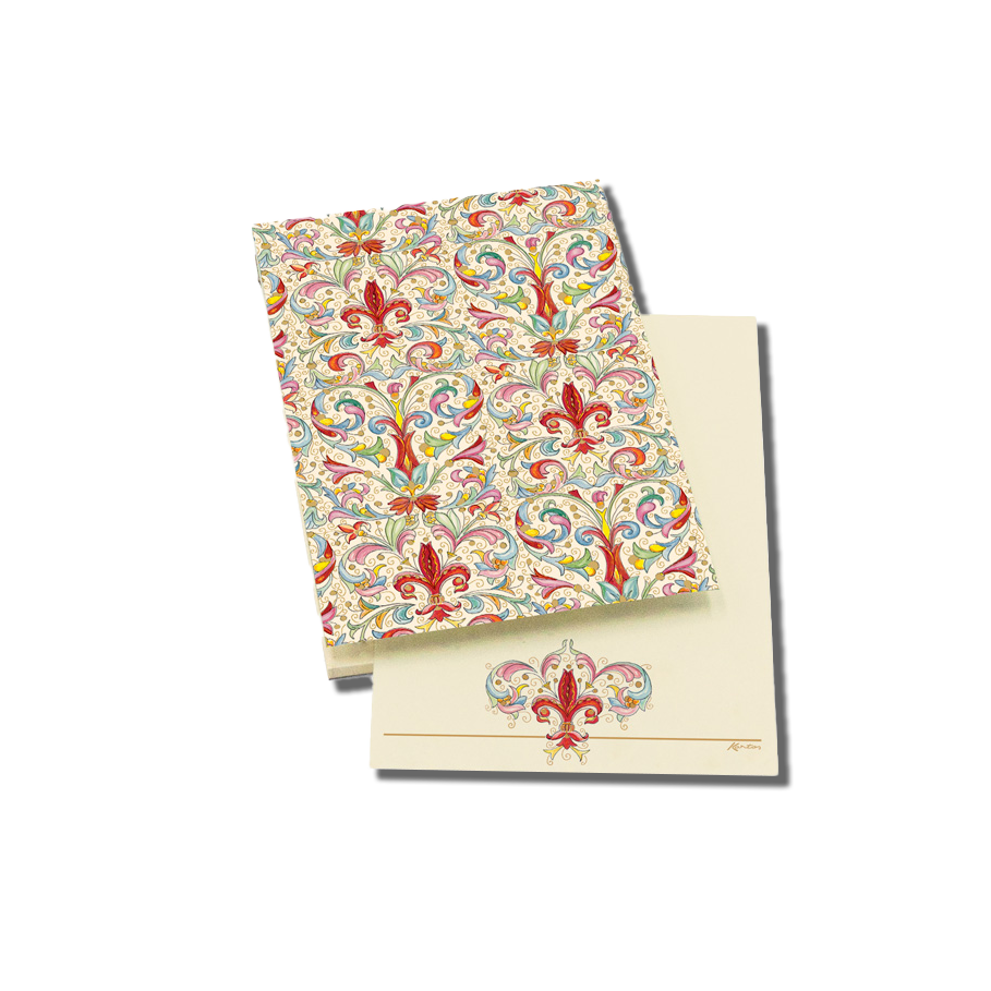 Kartos社のGiglio柄メモパッド。フィレンツェの象徴・ユリの文様が金粉印刷で施された華やかな一冊。