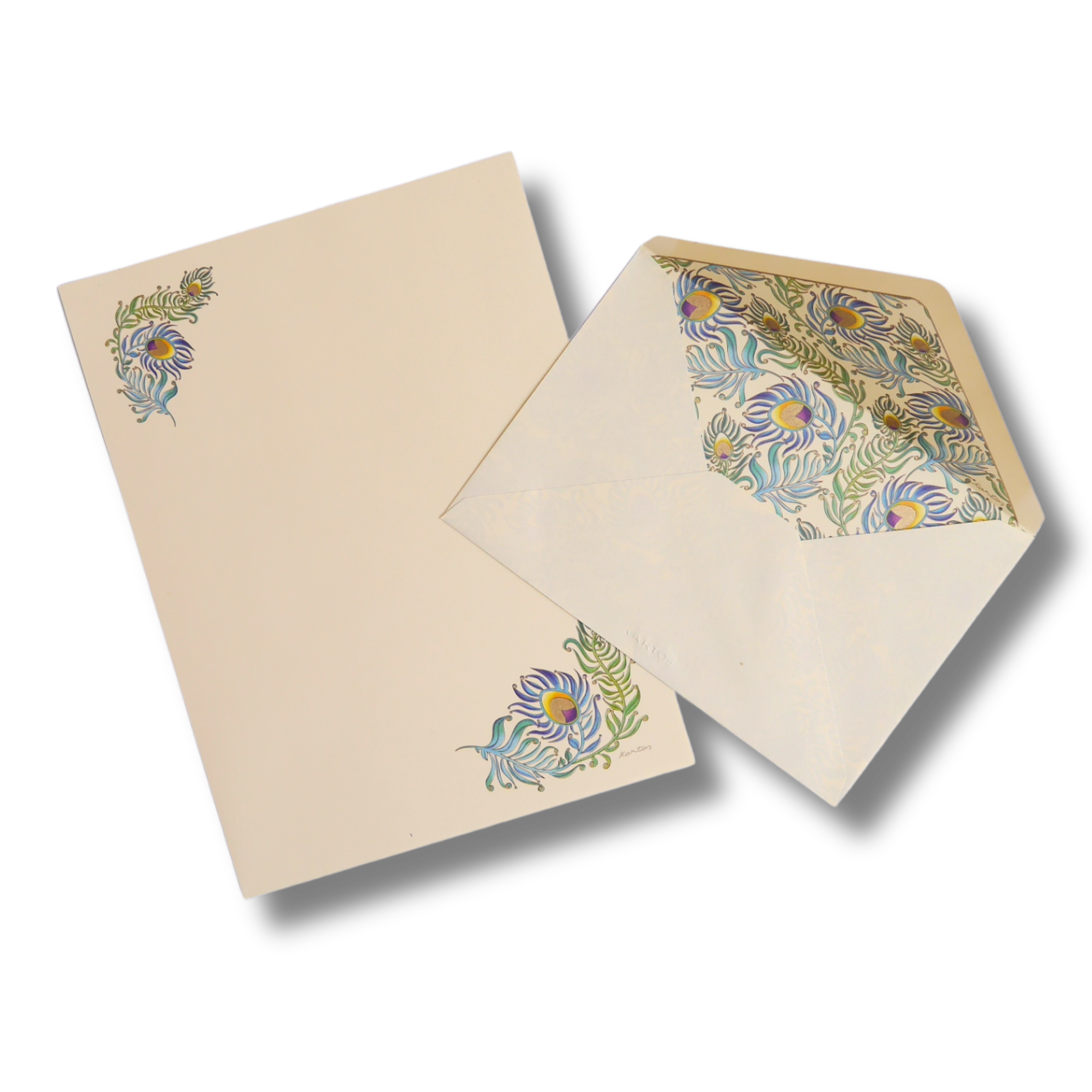 封筒の内側まで装飾されたPeacock柄のレターセット。開封時にさりげない華やかさがのぞきます。