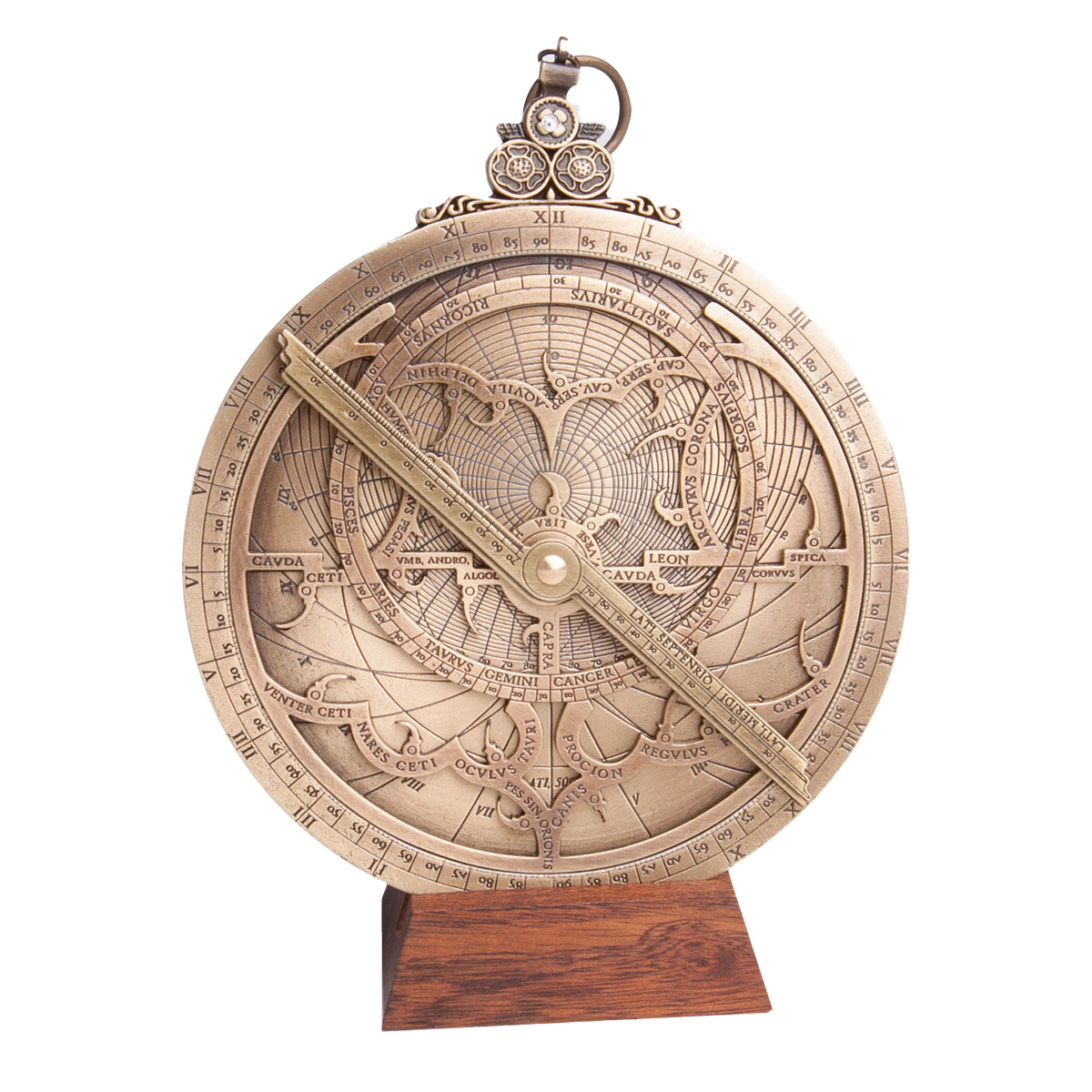 スペイン製真鍮球体型アストロラーベ 直径15cm ハルトマン作 中世天文器具 天体観測儀 立体彫刻 木製スタンド付き