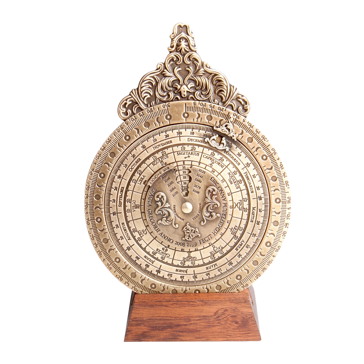スペイン製真鍮ルナカレンダー 月齢計 潮汐計算機 直径12cm 木製台座付き 16世紀天文学 航海術 永久月暦
