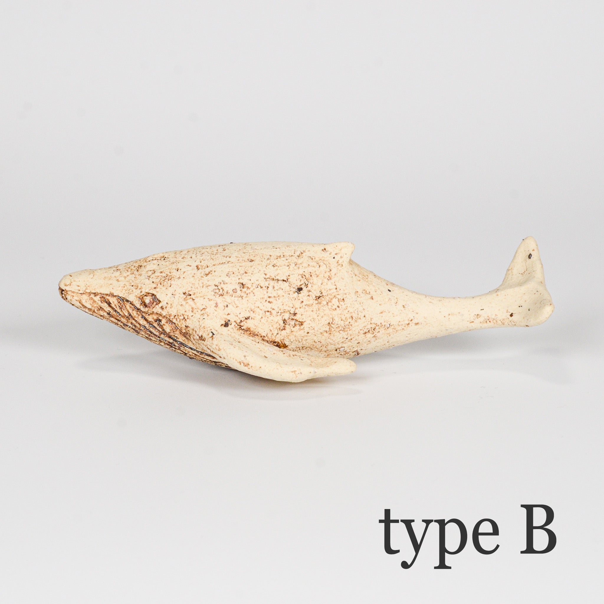 上から見た陶器のくじら「type B」。ラインの彫りや土の質感が際立つ個体。