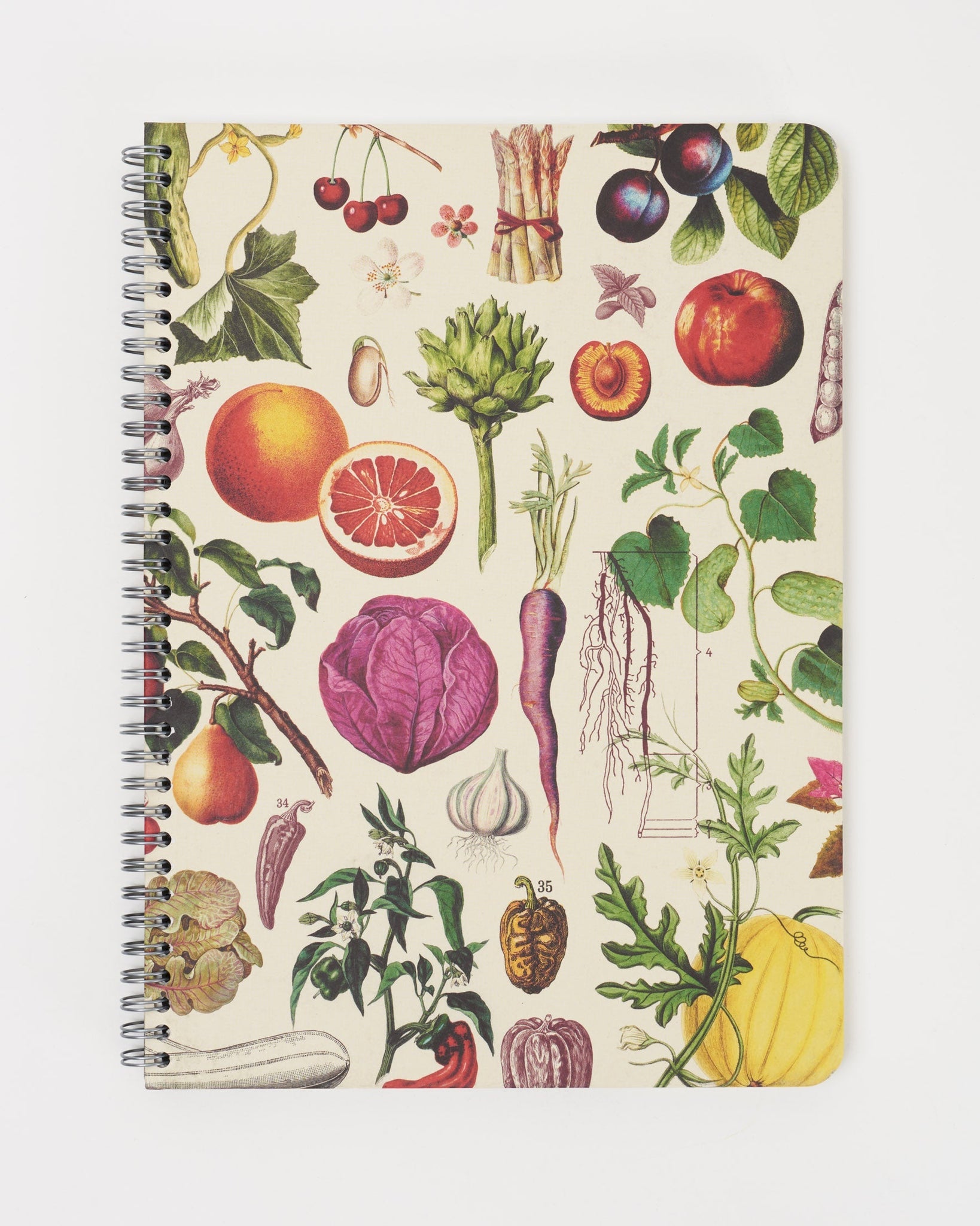 ファーマーズマーケット柄ノートの表紙。果物や野菜が細部まで描かれている。