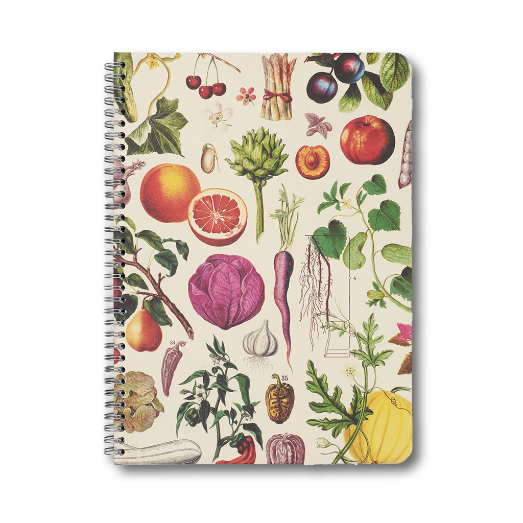 ファーマーズマーケット柄ノートの表紙。果物や野菜が美しく描かれた彩りのあるデザイン。