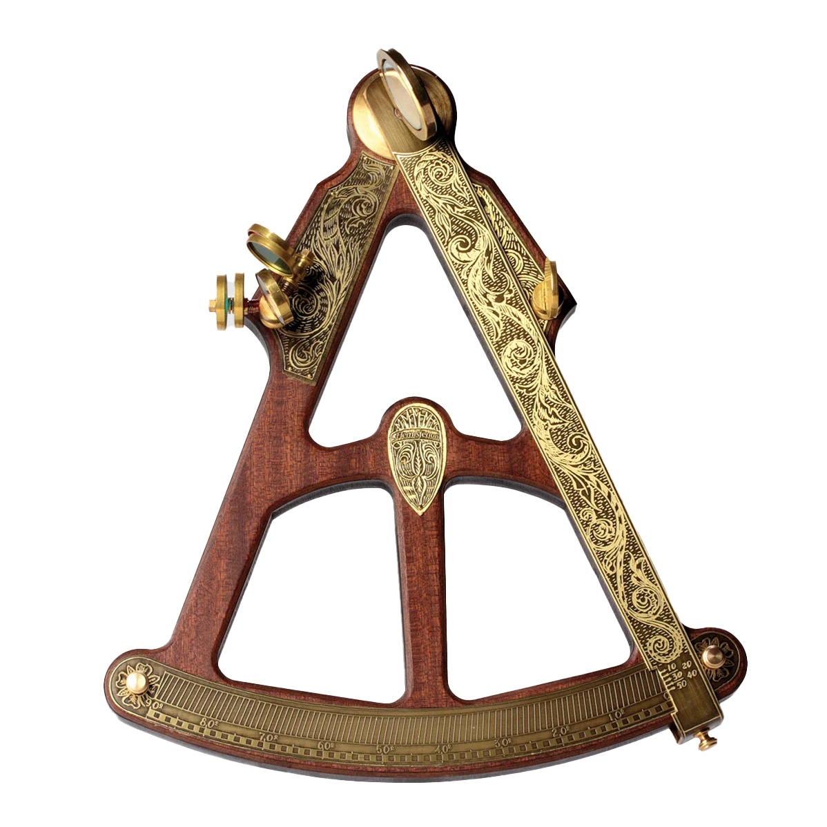 スペイン製真鍮八分儀 木製フレーム 航海用天体観測器具 オクタント 精密彫刻 測量器具 インテリア