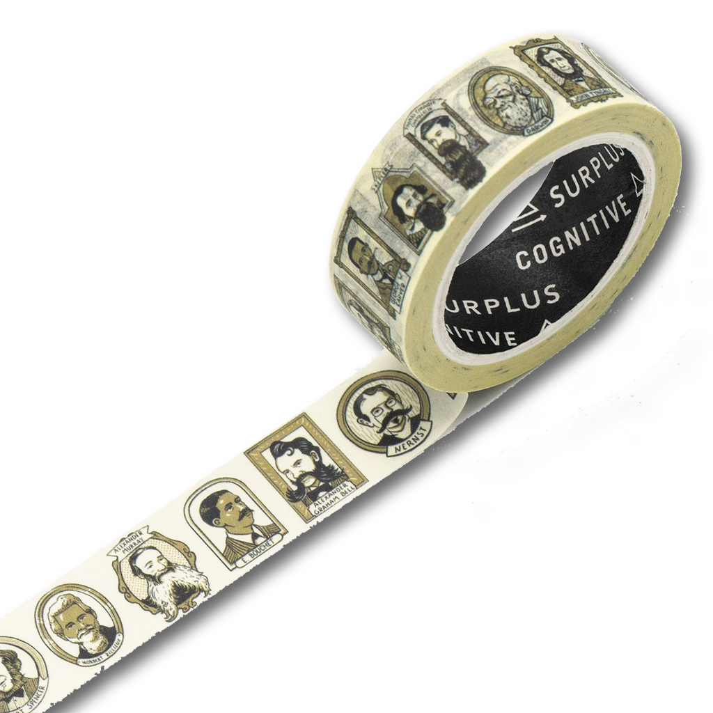 偉人の肖像（髭のある科学者）をモチーフにしたマスキングテープを斜めから撮影した画像