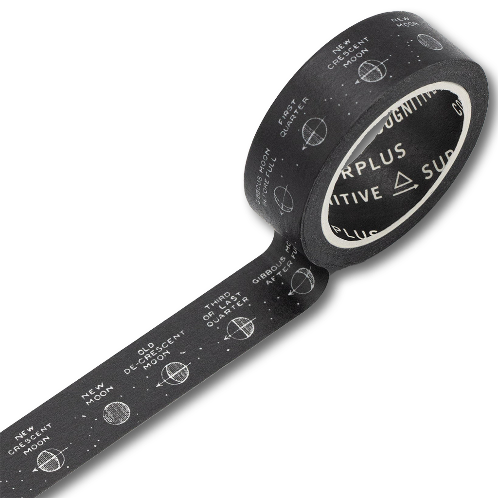 月の満ち欠けが描かれた黒地のマスキングテープ（テープ展開）