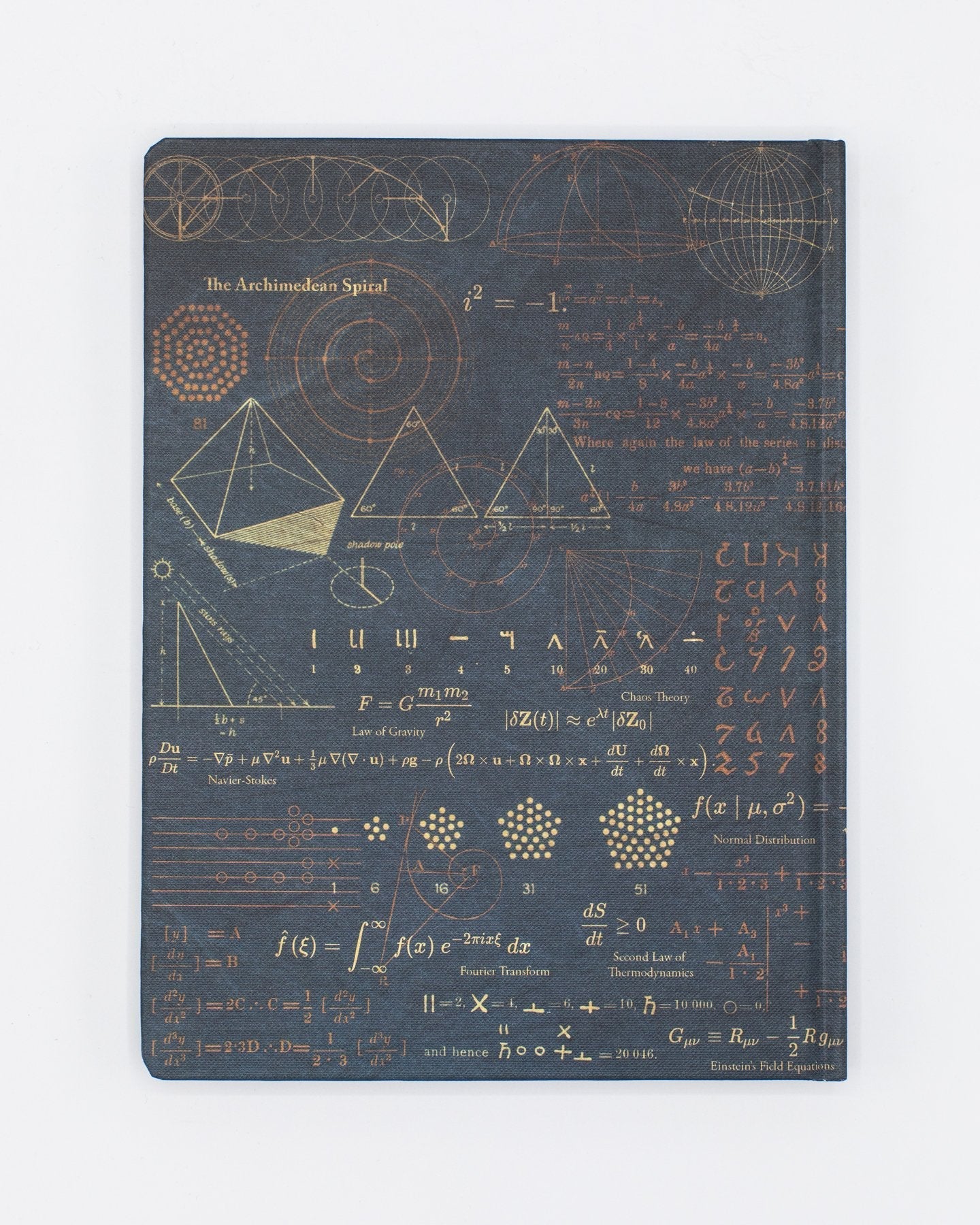 ハードカバーノート背面。幾何学と方程式が全体に広がるデザイン