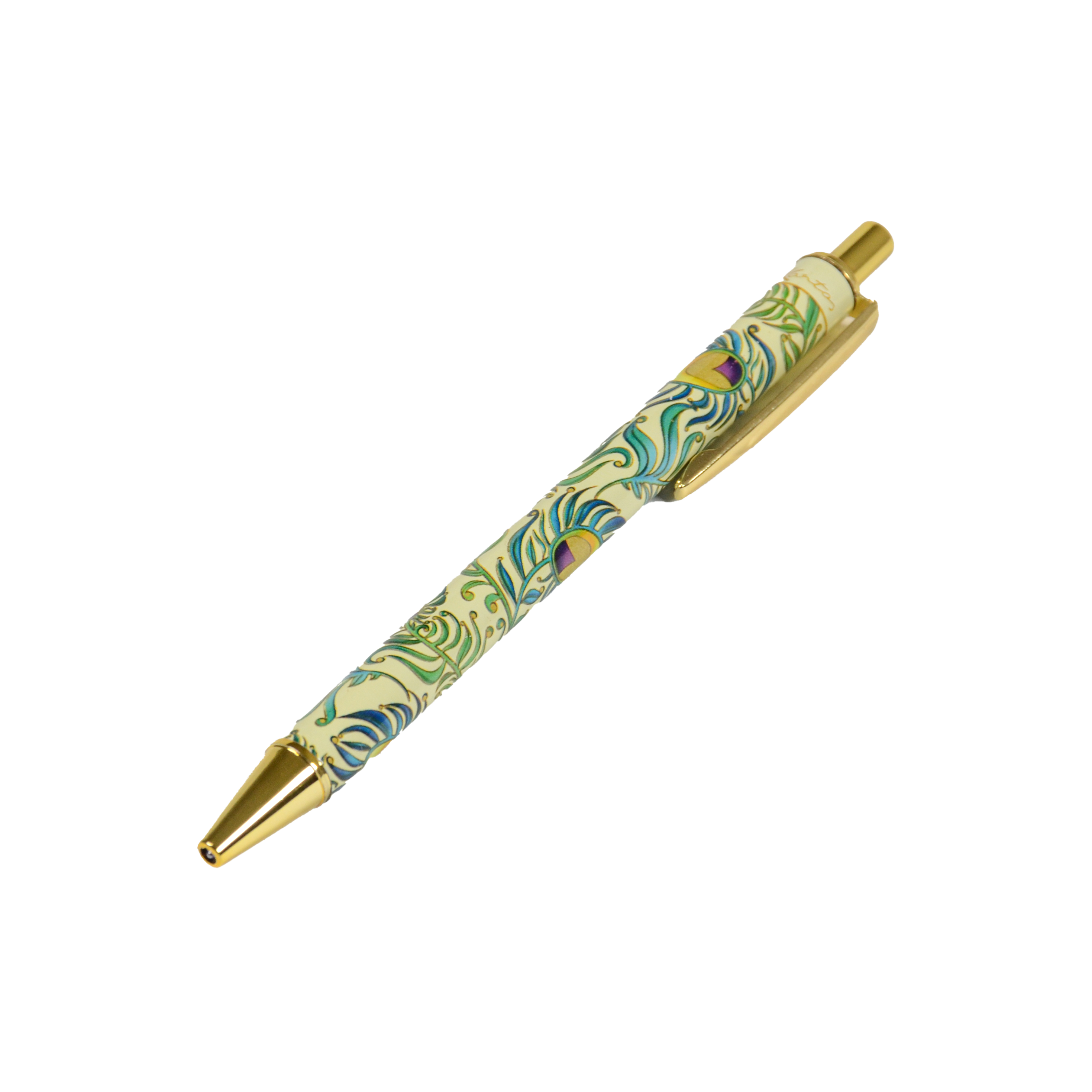 Kartos社のボールペン「Peacock」。孔雀の羽を思わせる装飾と金パーツが上品なイタリア製ペン。